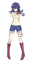 Rule 34 | 1girl, arm behind back, blue hair, boots, card, choker, covered navel, denim, denim shorts, duel masters, fingerless gloves, full body, gloves, gogochi, holding, holding card, knee boots, long hair, pigeon-toed, shorts, solo, tasogare mimi, thigh strap, white background, yellow eyes