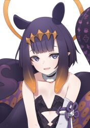 Rule 34 | 1girl, animal ears, black collar, black dress, collar, collarbone, diamond hair ornament, dress, fur-trimmed collar, fur trim, gradient hair, halo, highres, hololive, hololive english, multicolored hair, ninomae ina&#039;nis, ninomae ina&#039;nis (1st costume), orange hair, parted lips, pointy ears, purple eyes, purple hair, single sleeve, sleeveless, sleeveless dress, solo, tentacle hair, tentacles, upper body, valefal coneri, virtual youtuber, white sleeves