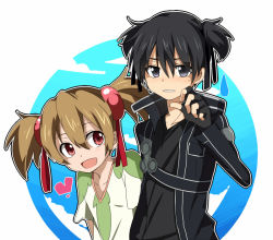 Rule 34 | 10s, 1boy, 1girl, :d, alternate hairstyle, asakichi, bad id, bad nicoseiga id, black eyes, black hair, brown hair, d:, heart, kirito, open mouth, red eyes, short twintails, silica, smile, sweatdrop, sword art online, twintails, two side up