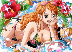 Rule 34 | 1girl, artist request, bikini, black bikini, bracelet, breasts, brown eyes, cleavage, collarbone, earrings, floral bikini, floral print, flower, hand on own cheek, hand on own face, hibiscus, highres, jewelry, lying, multicolored bikini, multicolored clothes, nami (one piece), navel, official art, one piece, one piece: treasure cruise, open mouth, orange hair, print bikini, red flower, side-tie bikini bottom, smile, sunglasses on head, swimsuit
