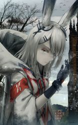 Rule 34 | 1girl, absurdres, animal ears, arknights, armband, bird, breath, brown eyes, building, coat, cold, ear ornament, frostnova (arknights), grey hair, hair ornament, hair over one eye, hairclip, hand up, highres, hood, hood down, hooded coat, lips, long hair, looking at viewer, open clothes, open coat, outdoors, rabbit ears, red ribbon, reunion logo (arknights), ribbon, scar, scar on face, scar on nose, sideways glance, signature, solo, tree, upper body, welt (kinsei koutenkyoku)