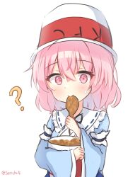 Rule 34 | 1girl, ?, blue kimono, bucket, chicken (food), commentary, eating, food, highres, holding, holding food, japanese clothes, kfc, kimono, long sleeves, looking at viewer, pink eyes, pink hair, saigyouji yuyuko, serichii, short hair, simple background, solo, touhou, upper body, white background