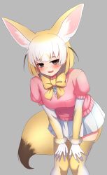 Rule 34 | 1girl, :d, absurdres, animal ears, black hair, blonde hair, blush, bow, bowtie, brown eyes, cowboy shot, deku suke, elbow gloves, extra ears, fennec (kemono friends), fox ears, fox girl, fox tail, fur trim, gloves, gradient legwear, grey background, hands on own knees, highres, kemono friends, looking at viewer, miniskirt, multicolored clothes, multicolored gloves, multicolored hair, open mouth, pink sweater, pleated skirt, puffy short sleeves, puffy sleeves, short hair, short sleeves, simple background, skirt, smile, solo, sweater, tail, thighhighs, two-tone hair, white gloves, white hair, white skirt, white thighhighs, yellow bow, yellow bowtie, yellow gloves, yellow thighhighs, zettai ryouiki