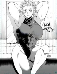 Rule 34 | 1girl, abs, absurdres, bare shoulders, black leotard, blush, bodysuit, breasts, dorohedoro, earrings, highres, jewelry, large breasts, leotard, long hair, looking at viewer, monochrome, muscular, muscular female, noi (dorohedoro), short hair, simple background, skin tight, smile, solo, white hair, youto
