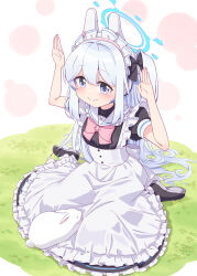 Rule 34 | 1girl, alternate costume, animal, apron, arms up, black bow, black dress, black footwear, blue archive, bow, closed mouth, commentary request, dress, enmaided, frilled apron, frilled dress, frills, grey hair, hair between eyes, hair bow, halo, harada (sansei rain), headgear, headset, highres, long hair, looking at viewer, maid, maid apron, maid headdress, miyako (blue archive), on grass, puffy short sleeves, puffy sleeves, purple eyes, rabbit, rabbit pose, sailor collar, shoes, short sleeves, smile, solo, very long hair, white apron, white sailor collar