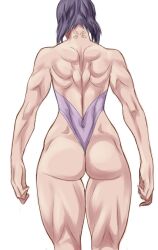 1girl alternate_muscle_size ass back back_muscles blumiu exposed_muscle ghost_in_the_shell highres kusanagi_motoko leotard muscular muscular_female shredded_muscles solo strapless strapless_leotard subdermal_port white_background white_leotard