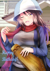 Rule 34 | 1girl, birthday, blue coat, blue hat, blurry, blurry background, breasts, brown eyes, brown hair, building, casual, coat, commentary, cursive, day, depth of field, english text, fringe trim, girls und panzer, grey shirt, half-closed eyes, happy birthday, hat, highres, holding, holding instrument, instrument, kantele, large breasts, long hair, looking at viewer, mika (girls und panzer), one eye closed, open clothes, open coat, open mouth, outdoors, red scarf, redbaron, scarf, shirt, smile, solo, standing, tulip hat, twitter username