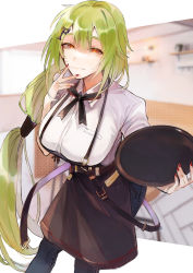 Rule 34 | 1girl, aaoshigatoutoi, absurdres, apron, breasts, brown apron, cafe, closed mouth, commission, denim, feet out of frame, from below, girls&#039; frontline, green hair, hair ornament, hairclip, hand on own chin, highres, holding, holding tray, jeans, long hair, looking at viewer, medium breasts, mk48 (girls&#039; frontline), nail polish, pants, pixiv commission, red eyes, red nails, restaurant, shirt, solo, standing, tray, very long hair, waiter, white shirt