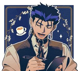 Rule 34 | 1boy, black necktie, black vest, blue hair, border, closed eyes, coffee, collared shirt, cu chulainn (fate), cup, facing viewer, fate (series), fingernails, hal (haaaalhal), holding, holding notepad, holding pen, long hair, lower teeth only, male focus, mug, necktie, notepad, pen, plate, ponytail, shirt, silver earrings, solo, sparkle, teeth, upper body, vest, white border, white shirt