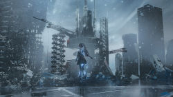 Rule 34 | 1girl, absurdres, bare shoulders, black dress, black sleeves, building, commentary request, detached sleeves, dress, dystopia, facing away, grey hair, grey theme, highres, mechanical legs, nanami: pulse (punishing: gray raven), nanami (punishing: gray raven), original, ponytail, punishing: gray raven, scenery, science fiction, seymour (sai lu er), sky, solo, standing