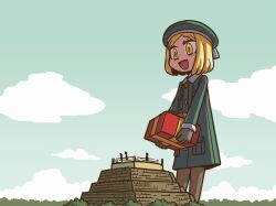 Rule 34 | 1girl, beret, blonde hair, blue sky, box, cloud, coat, fate/grand order, fate (series), giant, giantess, gift, gift box, gloves, green coat, green hat, hat, holding, holding gift, open mouth, outdoors, paul bunyan (fate), pyramid (structure), riyo (lyomsnpmp), short hair, sky, smile, solo, yellow eyes