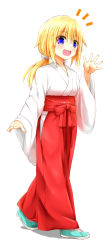 Rule 34 | 1girl, :d, blonde hair, blue eyes, blue footwear, blush, bow, breasts, commentary request, full body, hair between eyes, hair bow, hakama, hakama skirt, hand up, highres, japanese clothes, kimono, long hair, long sleeves, low twintails, miko, notice lines, open mouth, original, red bow, red hakama, shadow, shoes, skirt, sleeves past wrists, small breasts, smile, solo, standing, twintails, watarui, white background, white bow, white kimono, wide sleeves