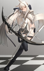 Rule 34 | 1girl, absurdres, animal ear fluff, animal ears, arknights, arrow (projectile), black footwear, black gloves, black thighhighs, boots, bow (weapon), checkered floor, full body, gloves, gradient background, grey background, grey hair, highres, holding, holding bow (weapon), holding weapon, horse ears, knee boots, leg up, long hair, long sleeves, looking at viewer, lycoris-fullbloom, midriff peek, parted lips, platinum (arknights), scarf, shorts, sidelocks, solo, standing, standing on one leg, thighhighs, very long hair, weapon, white scarf, white shorts, wide sleeves, yellow eyes