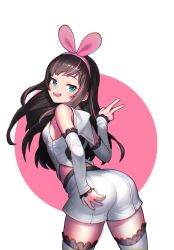 Rule 34 | 1girl, :d, absurdres, aqua eyes, arm warmers, ass, bad id, bad pixiv id, bare shoulders, blue eyes, blush, bow, breasts, brown hair, from behind, hair bow, hairband, half-closed eyes, hand on ass, highres, kizuna ai, kizuna ai inc., lim jaejin, long hair, looking at viewer, looking back, multicolored hair, open mouth, pink bow, pink hair, sailor collar, shorts, sleeveless, smile, thighhighs, two-tone hair, v, virtual youtuber