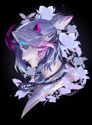 Rule 34 | 1boy, aphelios, bead necklace, beads, black background, black hair, closed mouth, crescent, flower, from side, grey hair, highres, jewelry, league of legends, male focus, multicolored hair, necklace, pink hair, pointy ears, portrait, profile, short hair, short ponytail, solo, spirit blossom aphelios, tc (pixiv54167329), white flower