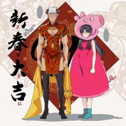 Rule 34 | ..., 1boy, 1girl, alternate costume, animal costume, archer (fate), black hair, black thighhighs, breasts, china dress, chinese clothes, cleavage, cleavage cutout, clenched hand, clothing cutout, cosplay, crossdressing, dark-skinned male, dark skin, dress, fake tail, fate (series), full body, hair ornament, navel, navel cutout, parted bangs, pelvic curtain, peppa pig, peppa pig (cosplay), peppa pig (series), pig costume, pig mask, pig tail, pink dress, shaded face, speech bubble, standing, tail, thighhighs, tohsaka rin, unamused, white hair, yaoshi jun