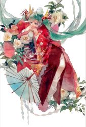 Rule 34 | 1girl, 2017, bird, blue eyes, blue hair, covering own mouth, dress, flower, hair ornament, hatsune miku, highres, holding own wrist, long hair, painting (medium), red dress, redum4, solo, traditional media, umbrella, very long hair, vocaloid, watercolor (medium), white background, wide sleeves