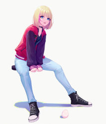 Rule 34 | 1girl, bad id, bad pixiv id, black collar, black footwear, black shirt, black sleeves, blonde hair, blue eyes, blue pants, collar, collarbone, egg, full body, highres, jacket, kawai rika, leaning forward, long sleeves, medium hair, multicolored hair, open clothes, open jacket, open mouth, pants, pink hair, red jacket, shirt, simple background, sitting, solo, straight hair, tiaowen xiao qiezi, two-tone hair, white background, wonder egg priority