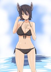 Rule 34 | 10s, 1girl, bikini, breasts, cleavage, female focus, gradient background, groin, hand in own hair, hand on own chest, kantai collection, kichihachi, large breasts, navel, purple hair, short hair, solo, swimsuit, tenryuu (kancolle), water, wet, yellow eyes