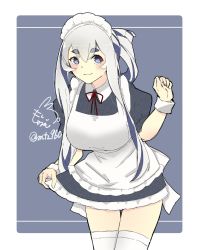 Rule 34 | 1girl, alternate costume, apron, black dress, blue eyes, border, breasts, commentary request, cowboy shot, dated, dress, enmaided, folded ponytail, frilled apron, frills, highres, kamoi (kancolle), kantai collection, large breasts, leaning forward, maid, maid apron, maid headdress, mochizou, puffy short sleeves, puffy sleeves, short sleeves, sidelocks, signature, solo, standing, thick eyebrows, thighhighs, two-tone background, white apron, white border, white hair, white thighhighs, wrist cuffs