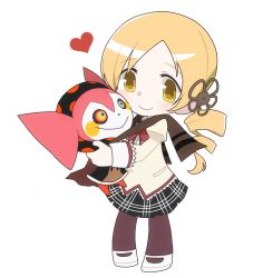 Rule 34 | 10s, 1girl, black skirt, blonde hair, bow, bowtie, brown scarf, charlotte (madoka magica), chibi, drill hair, hair ornament, heart, highres, kinsuke (luna), long sleeves, looking at viewer, mahou shoujo madoka magica, mahou shoujo madoka magica (anime), mary janes, monster, multicolored eyes, pantyhose, plaid, plaid skirt, red bow, red bowtie, red thighhighs, scarf, school uniform, shoes, skirt, smile, standing, thighhighs, tomoe mami, twin drills, twintails, yellow eyes