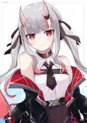 Rule 34 | 1girl, absurdres, bare shoulders, grey hair, highres, hololive, horns, jacket, kanadeho, long hair, looking at viewer, nakiri ayame, open clothes, open jacket, red eyes, shirt, skin-covered horns, smile, solo, twintails, virtual youtuber, white shirt