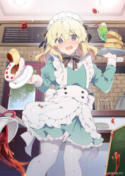 Rule 34 | 1girl, absurdres, apron, black ribbon, blonde hair, blue dress, blush, buttons, candyfruit (brand), door, double-breasted, dress, food, glass, grey eyes, hair ribbon, highres, ikeuchi tanuma, indoors, juliet sleeves, long hair, long sleeves, looking at viewer, maid, maid apron, maid headdress, open mouth, pancake, pancake stack, pantyhose, puffy sleeves, ribbon, solo, spill, waist apron, white apron, white pantyhose, wide-eyed