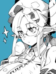 Rule 34 | 1girl, blue background, breasts, collared dress, commentary request, dragon girl, dragon horns, dress, frills, glasses, greyscale with colored background, hat, highres, horns, large breasts, maid, melusine (housamo), mob cap, nizitaro, parted lips, pointy ears, puffy sleeves, short hair with long locks, simple background, solo, sparkle, tokyo houkago summoners, upper body