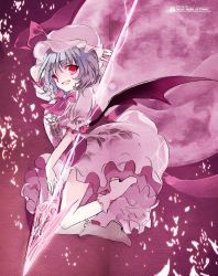 Rule 34 | 1girl, bad id, bad twitter id, bat wings, blue hair, boots, bow, cierra (ra-bit), dress, fang, frilled dress, frills, full moon, hat, hat ribbon, jewelry, looking at viewer, mob cap, moon, night, pink dress, puffy sleeves, ra-bit, red background, red eyes, red moon, remilia scarlet, ribbon, sash, short hair, short sleeves, smile, solo, spear the gungnir, text focus, touhou, wings