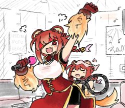 Rule 34 | 2girls, :d, animal ears, arm up, bike shorts, blush, braid, breasts, china dress, chinese clothes, commentary, dancing, dress, eighth note, eyepatch, closed eyes, fang, fur, gloves, hands on own face, hinezumi (monster girl encyclopedia), indoors, karaoke, large breasts, latenight, long hair, looking at viewer, microphone, monster girl, monster girl encyclopedia, mouse ears, mouse tail, multiple girls, music, musical note, open mouth, partially colored, pelvic curtain, red eyes, red gloves, red hair, singing, single braid, sitting, sketch, smile, standing, tail