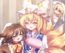 Rule 34 | 3girls, :3, ^ ^, absurdres, animal ears, animal hat, blonde hair, blurry, blush, bow, brown hair, cat ears, cat tail, chen, chinese clothes, closed eyes, commentary request, depth of field, dress, drying, drying hair, floating hair, fox tail, hair bow, hair down, hair dryer, hat, hat ribbon, highres, indoors, jitome, long sleeves, looking at another, mob cap, motherly, multiple girls, multiple tails, open mouth, peeking, mob cap, pudding (skymint 028), puffy long sleeves, puffy sleeves, purple dress, purple eyes, red vest, ribbon, shirt, short hair, tabard, tail, touhou, towel, towel on head, two tails, upper body, vest, wet, wet hair, white dress, white shirt, wide sleeves, yakumo ran, yakumo yukari, yellow neckwear