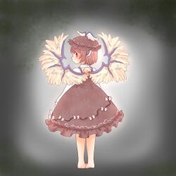 Rule 34 | 1girl, animal ears, barefoot, bird ears, bird wings, blush, brown dress, brown hat, closed mouth, dress, feathered wings, frilled sleeves, frills, from behind, full body, hat, highres, long sleeves, looking at viewer, looking back, mystia lorelei, pink hair, red eyes, shirt, short hair, solo, touhou, ubuko daimaou, white shirt, white wings, winged hat, wings