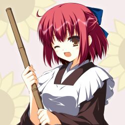 Rule 34 | 1girl, :d, apron, asagi nanami, blue bow, blush, bow, broom, brown kimono, commentary request, eyebrows hidden by hair, eyelashes, floral print, hair between eyes, hair bow, half updo, happy, highres, holding, holding broom, japanese clothes, kimono, kohaku (tsukihime), long sleeves, looking at viewer, maid, maid apron, medium hair, one eye closed, open mouth, pink background, red hair, simple background, smile, solo, sunflower print, tsukihime, wa maid, white apron, wide sleeves, yellow eyes
