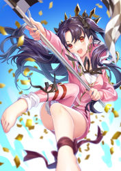 Rule 34 | 1girl, ankle ribbon, barefoot, black bow, black ribbon, blush, bow, brown hair, checkered flag, collarbone, confetti, crown, earrings, fate/grand order, fate (series), feet, flag, fur-trimmed jacket, fur-trimmed legwear, fur trim, geroro, hair bow, hip focus, hood, hoodie, hoop earrings, ishtar (fate), ishtar (swimsuit rider) (fate), jacket, jewelry, leg ribbon, legband, legs, long hair, looking at viewer, open mouth, outdoors, pink jacket, pink thighhighs, red eyes, ribbon, single thighhigh, smile, solo, thighhighs, thighs, toes, tohsaka rin, twintails