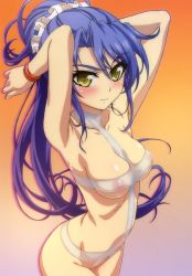 Rule 34 | 10s, 1girl, armpits, arms up, artist request, blue hair, blush, breasts, cleavage, covered erect nipples, gradient background, hairband, highres, long hair, looking at viewer, medium breasts, multicolored background, naked ribbon, navel, nipples, nonaka kurumi, ponytail, ribbon, see-through, shinmai maou no testament, simple background, solo, sweatdrop, transparent, wristband, yellow eyes