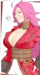 Rule 34 | 10s, 1girl, ahoge, belt, blue eyes, breasts, cleavage, detached collar, fate/extra, fate/grand order, fate (series), francis drake (fate), green eyes, grin, hand on own hip, huge ahoge, jacket, large breasts, lips, long hair, multiple belts, neko majin, no bra, pink hair, red jacket, scar, sideways mouth, smile, solo, very long hair, wrist cuffs