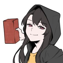 Rule 34 | 1girl, black hair, black jacket, brick, commentary, highres, holding, hood, hooded jacket, incoming attack, incoming punch, jacket, long hair, original, pink eyes, punching, shirt, simple background, solo, svet yomi, upper body, white background, yellow shirt