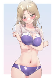 Rule 34 | 1girl, arms under breasts, bikini, blush, breasts, brown eyes, brown hair, cleavage, clothes pull, highres, houston (kancolle), kantai collection, large breasts, looking at viewer, medium hair, purple bikini, sakieko, shirt, shirt pull, simple background, smile, solo, swimsuit, white shirt