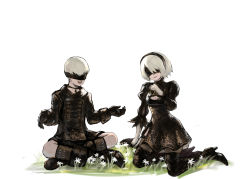 Rule 34 | 1boy, 1girl, android, black footwear, black thighhighs, blindfold, boots, breasts, choker, cleavage, cleavage cutout, clothing cutout, crossed legs, dress, flower, gloves, grass, high heel boots, high heels, juliet sleeves, kneeling, long sleeves, mole, mole under mouth, nier (series), nier:automata, open mouth, patterned clothing, puffy sleeves, quentin lecuiller, short hair, shorts, sitting, small breasts, smile, thighhighs, white background, white flower, white hair, 2b (nier:automata), 9s (nier:automata)