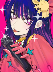 Rule 34 | 1girl, commentary, english commentary, gloves, hair ornament, heart, highres, hoshino ai (oshi no ko), idol, long hair, microphone, oshi no ko, pink gloves, purple eyes, purple hair, rabbit hair ornament, sailen0, solo, star-shaped pupils, star (symbol), symbol-shaped pupils, teeth, tongue, tongue out