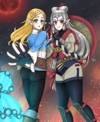 Rule 34 | 2girls, artist request, ass, blonde hair, blush, boots, breasts, brown eyes, facial mark, fingerless gloves, from behind, gloves, green eyes, hair ornament, hairclip, hat, highres, hyrule warriors, hyrule warriors: age of calamity, hyrule warriors: age of calmity, impa, japanese clothes, kimono, large breasts, leggings, long hair, looking at viewer, looking back, multiple girls, nintendo, open mouth, pants, pointy ears, princess zelda, sideboob, silver hair, smile, the legend of zelda, the legend of zelda: breath of the wild, tight clothes, tight pants, very long hair