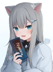 Rule 34 | 1girl, :d, amashiro natsuki, animal ears, black nails, black shirt, blue eyes, blush, candy, cat ears, cat girl, chocolate, chocolate bar, commentary, commentary request, fang, food, gem, grey hair, hair ornament, hairclip, hand up, highres, holding, long hair, long sleeves, nachoneko, nail polish, neck ribbon, open mouth, original, paw hair ornament, ribbon, shirt, smile, solo, symbol-only commentary, upper body