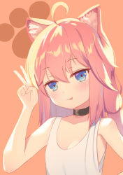 Rule 34 | 1girl, :p, absurdres, ahoge, animal ear fluff, animal ears, arm up, bad id, bad pixiv id, blue eyes, cat ears, choker, highres, hinata channel, long hair, nekomiya hinata, no bra, orange background, pink hair, simple background, smile, solo, tongue, tongue out, twintails, upper body, v, vest, virtual youtuber, white vest, yiku (sim7368)