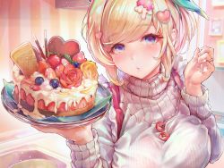 Rule 34 | 1girl, blonde hair, blue eyes, blueberry, blush, bra, cake, chocolate, fingernails, food, fruit, hair ornament, heart, heart hair ornament, holding, holding plate, icing, indoors, jewelry, long hair, original, parted lips, plate, ribbed sweater, ring, see-through, sink, solo, strawberry, striped bra, striped clothes, sweater, tocope, underwear, white sweater