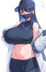 Rule 34 | 1girl, bare shoulders, baseball cap, black gloves, black hair, black mask, blue archive, blue eyes, breasts, coat, commentary request, crop top, gloves, halo, hat, highleg, highleg panties, highres, kuavera, large breasts, long hair, looking at viewer, mask, midriff, mouth mask, navel, off shoulder, panties, saori (blue archive), shirt, sleeveless, sleeveless shirt, solo, stomach, underwear, white coat