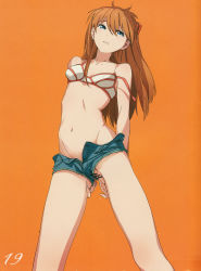 Rule 34 | 1girl, absurdres, arms behind back, bad anatomy, blue eyes, bra, breasts, censored, cutoffs, dripping, female masturbation, food, fruit, highres, long hair, looking away, masturbation, mebae, navel, neon genesis evangelion, no panties, off shoulder, open fly, orange (fruit), orange background, orange hair, parted lips, pussy, pussy juice, short shorts, shorts, simple background, small breasts, solo, souryuu asuka langley, stomach, strap slip, thighs, underwear, unzipped, upshorts