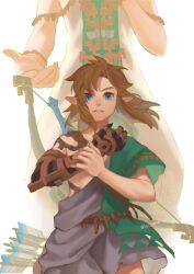 Rule 34 | 1boy, 1girl, archaic set (zelda), arrow (projectile), artist name, blonde hair, blue eyes, bow (weapon), bracelet, dress, earrings, highres, ivy (sena0119), jewelry, link, long hair, looking at viewer, nintendo, parted bangs, pointy ears, princess zelda, quiver, single bare shoulder, teeth, the legend of zelda, the legend of zelda: breath of the wild, the legend of zelda: tears of the kingdom, weapon, white background