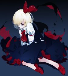 Rule 34 | 1girl, ascot, bags under eyes, black skirt, black vest, blonde hair, commentary request, darkness, full body, gradient background, hair ribbon, highres, ikurauni, long sleeves, looking at viewer, red ascot, red eyes, red footwear, red ribbon, ribbon, rumia, shirt, shoes, short hair, sitting, skirt, solo, touhou, two-sided fabric, two-sided skirt, vest, white shirt, yokozuwari
