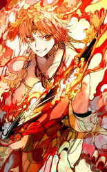 Rule 34 | 1boy, absurdres, ali baba saluja, armlet, bare shoulders, choker, djinn equip, earrings, fiery hair, fire, flaming sword, flaming weapon, gold choker, gold earrings, highres, holding, holding sword, holding weapon, hoop earrings, jewelry, looking at viewer, magi the labyrinth of magic, male focus, necklace, open mouth, orange eyes, orange hair, patterned clothing, patterned hair, smile, solo, sword, third eye, toned, toned male, weapon, yadu nadu