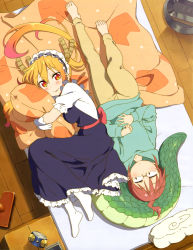 Rule 34 | 10s, 2girls, absurdres, barefoot, bed, blonde hair, dragon horns, dragon tail, feet, hand on own stomach, highres, hood, hoodie, horns, kadowaki miku, kobayashi-san chi no maidragon, kobayashi (maidragon), long hair, lying, maid, maid headdress, multiple girls, no shoes, hugging object, official art, on back, on bed, on side, pants, pillow, pillow hug, ponytail, scales, side-by-side, skirt, slit pupils, tail, toes, tohru (maidragon), twintails, yuri